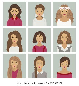 Icons are different faces of women. Flat style. Vector illustration.