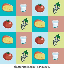 Icons of different foods drawn in comic style on colored backgrounds