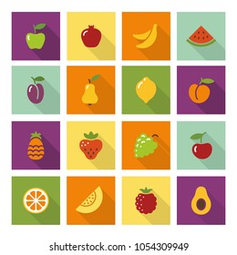 The icons of different fruits on the colored squares in the style of flat