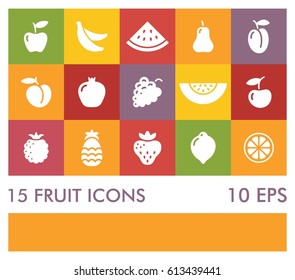 The icons of different fruits on the colored squares in the style of flat