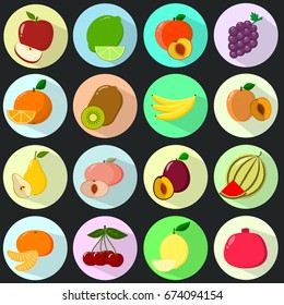 Icons of different fruits, placed in colored circles with a shadow, collected in a set on a dark background./
Icons of fruit in a set on a dark background.