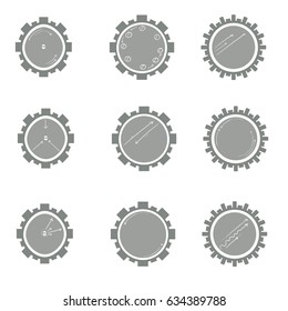 Icons with different gears and hand painted arrows on them isolated on white background