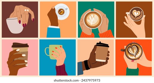 Icons with different hands holding coffee cups.