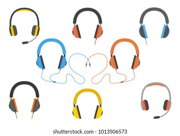 Icons of different headphones. Headphones for talking and music. Modern vector illustration isolated background.