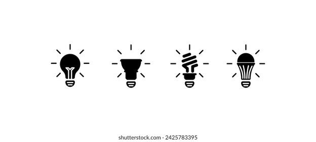 Iconos de diferentes bombillas. Silueta, bombillas que se queman, bombillas ecológicas. Iconos vectoriales