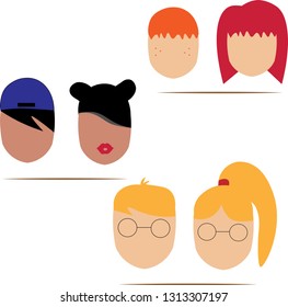 Icons of different students at the desk. Isolated vector illustration
