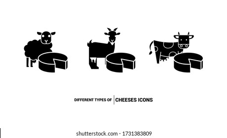 Icons of different types of cheese. Sheep, goat and cow cheese. Black flat icons.