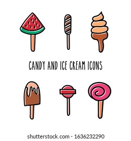 Icons of different types of ice cream and lollipops. Candy stroke icons handmade and loose. Vector line.
