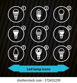 Icons with different types of LED lamps in minimalistic style. Dark set