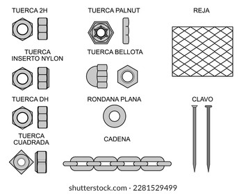 Icons of different types of nuts, in vector drawing, as well as a representation of a chain and metal fence, on a white background