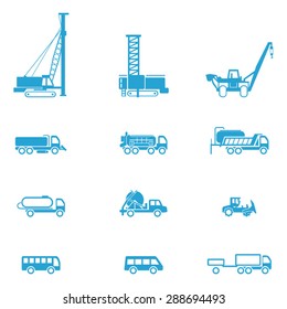 Icons for different types of special vehicles, part 5 / There are icons for special transport like bus, pipe layer, and pile-driving machine
