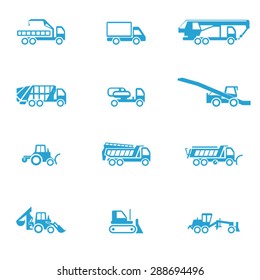 Icons for different types of special vehicles, part 3 / There are icons for special transport like loader, bulldozer, and cesspool emptying machine
