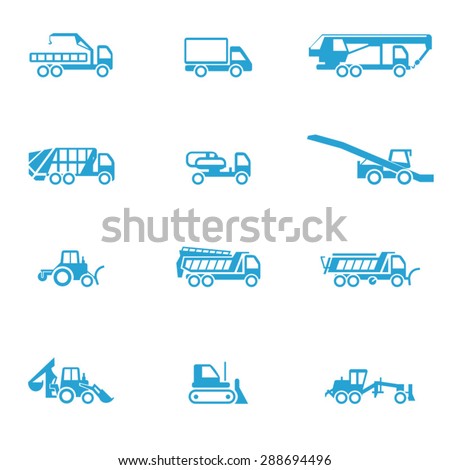 Icons for different types of special vehicles, part 3 / There are icons for special transport like loader, bulldozer, and cesspool emptying machine
