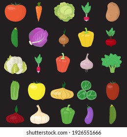 Icons - different vegetables on a black background. Vector illustration