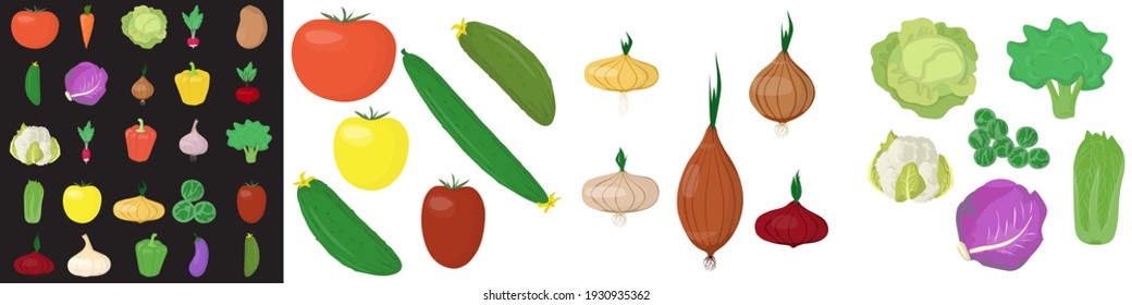 Iconos - diferentes verduras en un fondo blanco y negro. Ilustración del vector