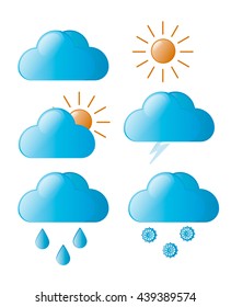 Icons of different weather. Sun, cloud, snow, storm, rain, cloudy sky. Colored stock vector image