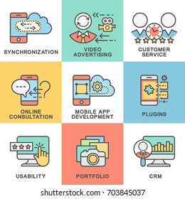 Icons for digital business. Use of cloud services, advertising, data analysis. The thin contour lines with color fills.