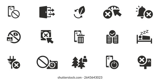 icons digital detox set, contains no phone, disconnect, walk in the forest, offline