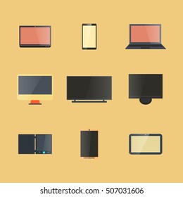 Icons digital devices with display isolated on a yellow background, the design of electronic components. The flat style, vector illustration.
