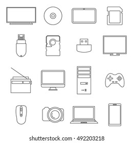 Icons digital devices of thin lines isolated on white background, vector illustration.