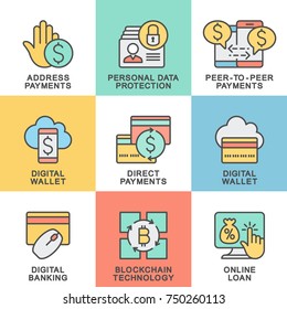 Icons of digital technology in the financial business sector. The thin contour lines with color fills.