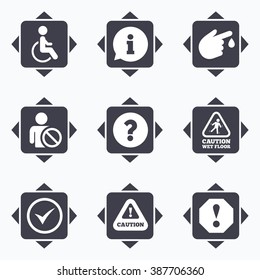 Icons with direction arrows. Attention notification icons. Question mark and information signs. Injury and disabled person symbols. Square buttons.