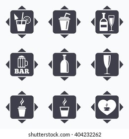 Icons with direction arrows. Beer, coffee and tea icons. Beer, wine and cocktail signs. Soft and alcohol drinks symbols. Square buttons.