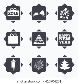 Icons with direction arrows. Christmas, new year icons. Gift box, fireworks signs. Santa bag, salut and rocket symbols. Square buttons.