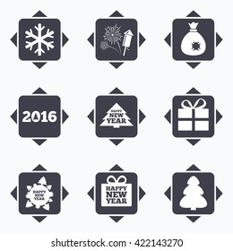 Icons with direction arrows. Christmas, new year icons. Gift box, fireworks and snowflake signs. Santa bag, salut and rocket symbols. Square buttons.