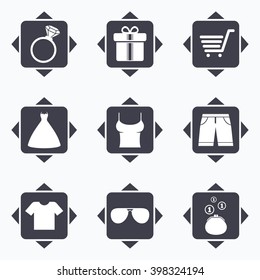 Icons with direction arrows. Clothes, accessories icons. T-shirt, sunglasses signs. Wedding dress and ring symbols. Square buttons.