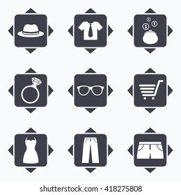 Icons with direction arrows. Clothes, accessories icons. Shirt, glasses and hat signs. Wallet with cash coins symbols. Square buttons.