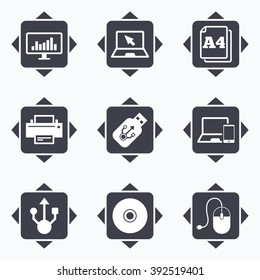 Icons with direction arrows. Computer devices icons. Printer, laptop signs. Smartphone, monitor and usb symbols. Square buttons.