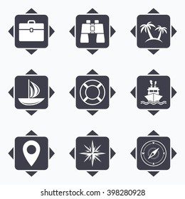 Icons with direction arrows. Cruise trip, ship and yacht icons. Travel, cocktails and palm trees signs. Sunglasses, windrose and swimming symbols. Square buttons.