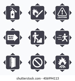 Icons with direction arrows. Fire safety, emergency icons. Fire extinguisher, exit and attention signs. Caution, water drop and way out symbols. Square buttons.