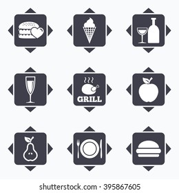 Icons with direction arrows. Food, drink icons. Grill, burger and ice cream signs. Chicken, champagne and apple symbols. Square buttons.
