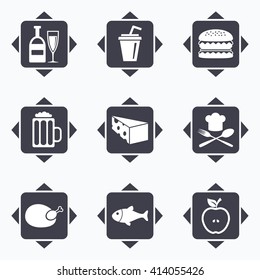 Icons with direction arrows. Food, drink icons. Beer, fish and burger signs. Chicken, cheese and apple symbols. Square buttons.