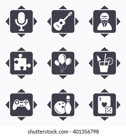 Icons with direction arrows. Game, bowling and puzzle icons. Entertainment signs. Casino, carnival and alcohol cocktail symbols. Square buttons.
