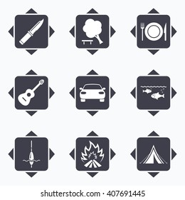 Icons with direction arrows. Hike trip, camping icons. Fishing, campfire and tourist tent signs. Guitar music, knife and food symbols. Square buttons.