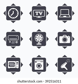 Icons with direction arrows. Home appliances, device icons. Electronics signs. Air conditioning, washing machine and microwave oven symbols. Square buttons.