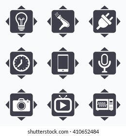 Icons with direction arrows. Home appliances, device icons. Electronics signs. Lamp, electrical plug and photo camera symbols. Square buttons.