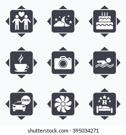 Icons with direction arrows. Hotel, apartment service icons. Swimming pool. Ventilation, birthday party and gay-friendly symbols. Square buttons.