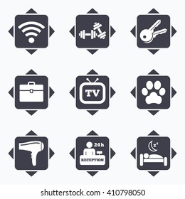 Icons with direction arrows. Hotel, apartment service icons. Wi-fi internet. Reception, pets allowed and hairdryer symbols. Square buttons.