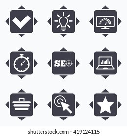 Icons with direction arrows. Internet, seo icons. Bandwidth speed, online shopping and tick signs. Favorite star, notebook chart symbols. Square buttons.