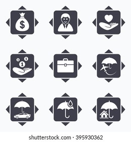 Icons with direction arrows icons. Life, Real estate and House signs. Saving money, vehicle and umbrella symbols. Square buttons.