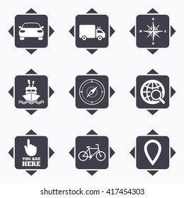 Icons with direction arrows. Navigation, gps icons. Windrose, compass and map pointer signs. Bicycle, ship and car symbols. Square buttons.