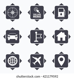 Icons with direction arrows. Navigation, gps icons. Windrose, compass and map pointer signs. Car, airplane and flag symbols. Square buttons.