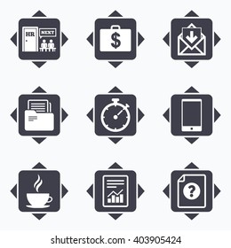 Icons with direction arrows. Office, documents and business icons. Accounting, human resources and phone signs. Mail, salary and statistics symbols. Square buttons.