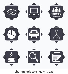 Icons with direction arrows. Office, documents and business icons. Human resources, notebook and printer signs. Scissors, magnifier and coffee symbols. Square buttons.