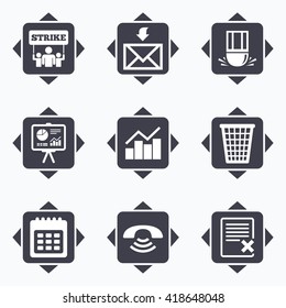 Icons with direction arrows. Office, documents and business icons. Call, strike and calendar signs. Mail, presentation and charts symbols. Square buttons.