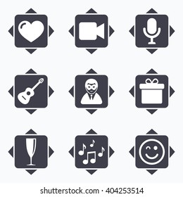 Icons with direction arrows. Party celebration, birthday icons. Carnival, guitar and champagne glass signs. Gift box, music and video camera symbols. Square buttons.